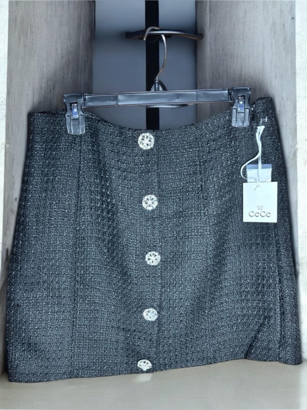 NWT CeCe Black Tweed Button-Front Mini Skirt size 14